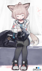 1girl 1other ahoge animal_ears arknights black_choker black_pantyhose blush_stickers brown_hair brown_tail chinese_commentary choker closed_eyes commentary cross doctor_(arknights) greek_cross grey_tail hand_on_another&#039;s_head headpat highres hood hood_up jacket knees_together_feet_apart lap_pillow long_sleeves material_growth moraki0718_(aoxiaoku) open_mouth oripathy_lesion_(arknights) pantyhose pixiv_logo red_cross short_hair sitting smile sussurro_(arknights) tail textless_version twitter_username twitter_x_logo watermark white_jacket