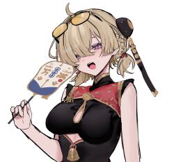 1girl ahoge bebe_(bebe_pp) blonde_hair china_dress chinese_clothes commentary_request dress eyewear_on_head hand_fan highres holding holding_fan looking_at_viewer open_mouth purple_eyes simple_background sleeveless sleeveless_dress solo sweety_(zenless_zone_zero) tinted_eyewear tuanshan twitter_username white_background yellow-tinted_eyewear zenless_zone_zero