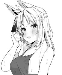 1girl animal_ears artist_self-insert bare_shoulders blush blush_stickers breasts cleavage collarbone commentary_request ear_ornament genderswap genderswap_(mtf) greyscale highres horse_ears horse_girl looking_at_viewer medium_breasts medium_hair monochrome open_mouth original sleeveless solo sweat nervous_sweating tank_top towel towel_around_neck umamusume upper_body yu&#039;nyanko-chan_(yu&#039;nyanko) yunekoko
