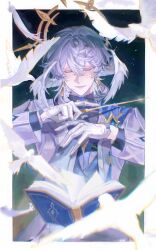 1boy absurdres bird book closed_eyes gloves grey_hair head_wings highres honkai:_star_rail honkai_(series) jacket male_focus open_book open_mouth piyathida_24 smile solo sunday_(honkai:_star_rail) teeth white_bird white_gloves white_jacket wings