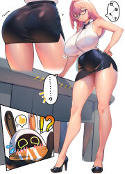 1girl absurdres ass bangboo_(zenless_zone_zero) black_skirt breasts eous_(zenless_zone_zero) glasses hair_between_eyes hand_on_own_hip high-waist_skirt high_heels highres large_breasts long_hair multiple_views nicchi parted_lips pencil_skirt pink_eyes pink_hair shirt sidelocks simple_background skirt sleeveless sleeveless_shirt standing thick_thighs thighs tsukishiro_yanagi white_shirt zenless_zone_zero