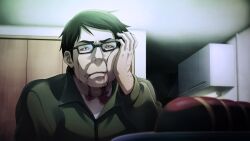 Rule 34 | 1boy, blood, blood from mouth, blood on clothes, blood stain, bloodshot eyes, bloody tears, chaos;child, crying, crying with eyes open, cupboard, drawer, drooling, drooling blood, food, frown, game cg, glasses, grey eyes, ham, hand hair, hand on own cheek, hand on own face, highres, indoors, jacket, male focus, non-web source, nostrils, official art, ootani yuuma, plate, sasaki mutsumi, shirt, short hair, sitting, solo, tears, track jacket, white shirt, zipper, zipper pull tab