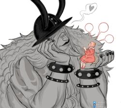 Rule 34 | 1boy, 1girl, armlet, bandages, bandages over eyes, black nails, bow, carrying, carrying person, commentary, dress, english commentary, facial hair, fake horns, giant, goatee, hair bow, head rest, helmet, highres, horned helmet, horns, jewelry, lips, loki (one piece), lola (one piece), long hair, looking at another, low-tied sidelocks, muscular, muscular male, one piece, pallaya, partially colored, pink dress, sidelocks, sitting, smile, speech bubble, spiked armlet, talking, white background, yellow bow