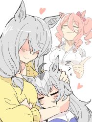 3girls =_= affectionate ahoge animal_ears blush bow breasts collared_shirt commentary_request drakeposting_(meme) dress_shirt drill_hair drill_sidelocks ear_bow faceless faceless_female grey_hair hair_between_eyes hands_on_another&#039;s_head head_on_chest heart highres horse_ears horse_girl index_finger_raised large_breasts long_hair meme mother_and_daughter multiple_girls nekomimi_sukinosuke no_eyes no_mouth norn_ace_(umamusume) oguri_cap&#039;s_mother_(umamusume) oguri_cap_(umamusume) red_bow red_hair satisfied shirt side_drill sidelocks smile sweater umamusume umamusume:_cinderella_gray white_shirt yellow_sweater zzz