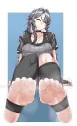 1girl barefoot breasts cleavage closed_eyes feet fingerless_gloves gloves grey_hair highres long_hair nian_nian_zi original smile soles steam stirrup_legwear sweat toeless_legwear toes