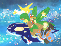 1girl alternate_color breloom brown_eyes brown_hair flying gen_3_pokemon jirachi kyogre latias legendary_pokemon looking_up may_(pokemon) mega_pokemon mega_swampert mythical_pokemon nintendo plusle pokemon pokemon_(creature) pokemon_oras primal_kyogre riding sableye samsung_(yuzuikka) shiny_pokemon sidelocks sitting smile star_(symbol) swampert tropius wings