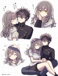 Rule 34 | 1boy, 1girl, black hair, casual, closed eyes, closed mouth, dan heng (honkai: star rail), grey hair, grid background, hair between eyes, half-closed eyes, hand on another&#039;s cheek, hand on another&#039;s face, hetero, highres, honkai: star rail, honkai (series), medium hair, multiple views, short hair, sitting, stelle (honkai: star rail), trailblazer (honkai: star rail), twitter username, upper body, yellow eyes, yuma (mron 322)