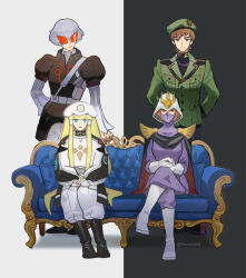 2boys 2girls arms_behind_back beret black_background black_boots black_cape black_jacket blonde_hair blue_eyes blue_lips bodysuit boots brown_eyes brown_hair cape closed_mouth commentary_request couch covered_mouth crossed_legs dianna_soreil elbow_gloves gloves green_eyes green_hat green_jacket grey_hair gundam gundam_gquuuuuux hair_tubes harry_ord hat helmet highres horocca jacket jumpsuit kycilia_zabi lipstick long_hair long_sleeves looking_at_viewer makeup mask military_jacket military_uniform mole mole_under_mouth mouth_mask multiple_boys multiple_girls on_couch purple_bodysuit purple_mask red-tinted_eyewear short_hair sitting smile standing sunglasses tinted_eyewear turn_a_gundam twitter_username two-tone_background very_long_hair white_background white_boots white_gloves white_hat xavier_olivette zeon