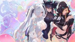 3girls abe_(nikke) balloon black_bodysuit black_cape black_gloves black_hair black_shorts blonde_hair bodysuit breasts bubble cape cinderella_(nikke) cleavage crossed_arms distr gloves goddess_of_victory:_nikke grave_(nikke) green_hair gretel_(nikke) hair_intakes hand_on_another&#039;s_shoulder hansel_(nikke) highres hood hooded_cape little_mermaid_(nikke) long_hair monster_girl multicolored_hair multiple_girls navel red_eyes see-through_clothes see-through_sleeves short_shorts shorts stomach twintails two-tone_hair very_long_hair white_bodysuit white_gloves white_hair yellow_eyes