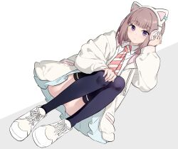 1girl animal_ear_headphones animal_ears black_thighhighs blue_skirt blunt_bangs bob_cut brown_hair cat_ear_headphones collared_shirt convenient_leg diagonal-striped_clothes diagonal-striped_necktie dress_shirt fake_animal_ears headphones highres hood hooded_jacket ikizulive!_love_live!_bluebird jacket long_sleeves looking_at_viewer love_live! migolu miniskirt necktie open_clothes open_jacket orange_necktie pleated_skirt purple_eyes sasaki_shion school_uniform shirt short_hair simple_background skirt solo striped_clothes thighhighs white_background white_jacket white_shirt