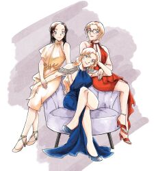 3girls arm_behind_head black_hair blonde_hair blue_dress blue_eyes blue_shoes closed_mouth crossed_legs dress earrings enomoto_azusa full_body glasses hand_on_another&#039;s_knee highres jewelry jodie_starling long_hair looking_at_viewer meitantei_conan multiple_girls orange_dress orange_shoes red_dress red_shoes sayaendou0426 shoes short_hair sitting sleeveless sleeveless_dress smile vermouth_(meitantei_conan)