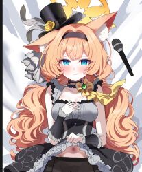 1girl animal_ear_fluff animal_ears blue_archive blue_eyes blush breasts clothes_lift collarbone dakimakura_(medium) dress dress_lift eyes_visible_through_hair hairband halo hand_on_own_chest highres long_hair looking_at_viewer lying mari_(blue_archive) mari_(idol)_(blue_archive) medium_breasts on_back on_bed orange_hair sak_(lemondisk) sleeveless smile solo unfinished yellow_halo