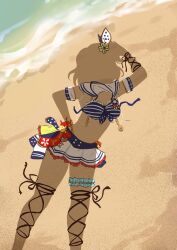 1girl absurdres beach bikini bikini_skirt blue_bikini box_wonderland commentary dressed_shadow_(meme) hair_ornament highres implied_nudity love_live! love_live!_sunshine!! medium_hair meme ocean official_alternate_costume outdoors sailor_collar salute skirt solo swimsuit unworn_bikini unworn_clothes unworn_hair_ornament watanabe_you watanabe_you_(splash_marine) white_sailor_collar white_skirt