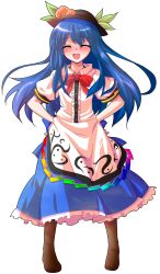 Rule 34 | 1girl, :d, alphes (style), bare arms, black hat, blue hair, blue skirt, boots, bow, bowler hat, bowtie, brown boots, closed eyes, collared shirt, commentary request, dairi, diamond (shape), facing viewer, flat chest, food, fruit, full body, furrowed brow, hair between eyes, hat, hinanawi tenshi, large variant set, leaf, legs apart, long hair, long skirt, open mouth, parody, peach, pigeon-toed, puffy short sleeves, puffy sleeves, red bow, red bowtie, shirt, short sleeves, skirt, smile, solo, standing, style parody, tachi-e, touhou, transparent background, variant set, white shirt