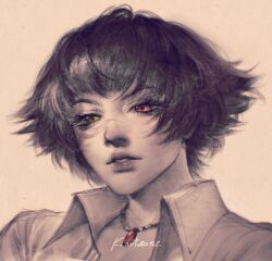 1girl artist_name black_hair collared_shirt devil_may_cry devil_may_cry_(series) devil_may_cry_3 green_eyes heterochromia highres jewelry k_art_sz lady_(devil_may_cry) looking_at_viewer necklace parted_lips red_eyes scar scar_on_face shirt short_hair simple_bird
