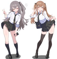 2girls absurdres alternate_costume bag bag_charm black_bag black_bow black_nails black_necktie black_shoes black_skirt black_socks black_thighhighs blush bow breast_pocket breasts bright_pupils brown_eyes brown_hair cellphone charm_(object) clothes_lift collared_shirt dress_shirt drop_shadow fingernails full_body girls&#039;_frontline girls&#039;_frontline_2:_exilium grey_hair gyaru hair_bow hair_ornament hairpin half-closed_eyes hand_up highres holding holding_phone kneehighs kogal korean_commentary large_breasts lenna_(girls&#039;_frontline_2) leva_(girls&#039;_frontline_2) lifting_own_clothes loafers long_hair long_sidelocks looking_at_viewer miniskirt multiple_girls multiple_hairpins nail_polish necktie oldsickkim one_side_up parted_lips partially_unzipped phone pleated_skirt pocket satchel scar scar_across_eye scar_on_face school_bag school_uniform seductive_smile shadow shirt shirt_tucked_in shoes siblings side-tie_peek sidelocks simple_background sisters skindentation skirt skirt_lift sleeves_rolled_up smartphone smile socks standing taut_clothes taut_shirt tented_shirt thighhighs thighs three-quarter_sleeves tie_clip twintails ump45_(girls&#039;_frontline) ump9_(girls&#039;_frontline) v very_long_hair white_background white_pupils white_shirt wing_collar yellow_nails zettai_ryouiki