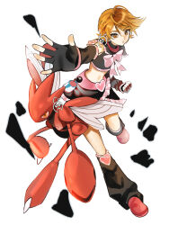 1girl arm_warmers belt black_gloves black_shirt black_skirt boots bow commentary_request crossover cure_black earrings eyelashes fingerless_gloves frilled_shirt frilled_skirt frills futari_wa_precure gen_2_pokemon gloves heart heart_belt heart_earrings highres jewelry leg_warmers looking_at_viewer magical_girl midriff misumi_nagisa nani_(s2_nani) navel nintendo orange_eyes orange_hair pokemon precure red_boots scizor shirt short_hair simple_background skirt solo white_background