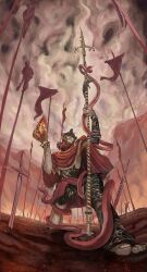 1boy absurdres armor commentary elden_ring elden_ring:_shadow_of_the_erdtree embers english_commentary helmet highres holding holding_flame holding_polearm holding_weapon long_hair lorenwith2ls messmer_the_impaler pike_(weapon) planted planted_sword planted_weapon polearm red_hair scale_armor slit_pupils snake spear sword toes weapon winged_helmet yellow_eyes