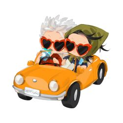 2boys black_hair car chibi commentary driving english_commentary getou_suguru gojou_satoru green_headscarf headscarf heart heart-shaped_eyewear holding holding_paper jujutsu_kaisen male_focus motor_vehicle multiple_boys nnaramonn paper simple_background smile white_background white_hair