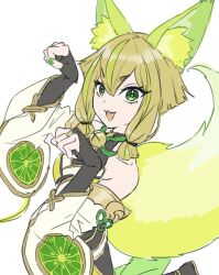 1girl animal_ears anr_0ad2 bare_shoulders bell blonde_hair breasts crop_top detached_sleeves duel_monster fox_ears fox_girl fox_tail green_eyes green_hair hu-li_the_jewel_mikanko long_sleeves medium_breasts neck_bell open_mouth paw_pose short_hair_with_long_locks sketch smile solo tail yu-gi-oh!