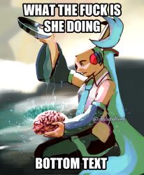 1girl aqua_eyes aqua_hair aqua_necktie artist_name black_sleeves bowl brain closed_mouth commentary detached_sleeves english_commentary english_text expressionless full_body hatsune_miku highres holding holding_bowl holding_brain image_macro_(meme) impact_(font) kneeling long_hair meme necktie odakuram open_skull pouring profanity shirt sitting sleeveless sleeveless_shirt solo very_long_hair vocaloid water watermark white_shirt