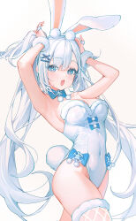 1girl :o animal_ear_hairband animal_ears armpits blue_bow blue_bowtie blue_eyes bow bowtie breasts center-flap_bangs cleavage covered_navel cowboy_shot eyelashes fake_animal_ears fishnet_thighhighs fishnets fur-trimmed_leotard fur-trimmed_thighhighs fur_trim fur_wrist_cuffs groin hair_ornament hairband hairclip highleg highleg_leotard highres jewelry leotard light_blush long_hair looking_at_viewer medium_breasts open_mouth original playboy_bunny pom_pom_(clothes) pom_pom_hair_ornament rabbit_ear_hairband rabbit_ears rabbit_girl rabbit_pose rabbit_tail ring skin_tight leotard snowflake_in_eye snowflake_pin solo strapless strapless_leotard tail teeth thighhighs three_quarter_view ttosom twintails two_side_up upper_teeth_only white_hair white_leotard wrist_cuffs x_hair_ornament