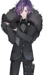 1boy ascot black_gloves black_jacket black_pants closed_mouth dame_x_prince feet_out_of_frame gloves hair_between_eyes highres jacket male_focus mare_kaku mare_selen_el_phiriazar messy_hair pants purple_eyes purple_hair putting_on_gloves simple_background solo white_background