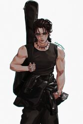 1boy artist_name bandaid bandaid_on_face bandaid_on_nose bare_arms black_jacket black_pants black_tank_top bracelet brown_hair cropped_legs earrings eren_yeager green_eyes guitar_case hand_in_pocket highres holding instrument instrument_case jacket jewelry looking_at_viewer male_focus medium_hair messy_hair mullet necklace pants shingeki_no_kyojin simple_background skeletal_hand solo standing stud_earrings tank_top tied_jacket v-shaped_eyebrows white_background zu_yuan_cesar