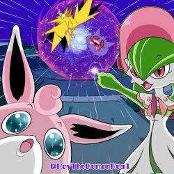 artist_name blue_eyes bob_cut bonnet colored_skin dress gardevoir gardevoir_(fashionable) gen_1_pokemon gen_3_pokemon gengar green_hair green_skin highres legendary_pokemon meme multicolored_skin nintendo pink_eyes pink_fur pokemon pokemon_(creature) pokemon_unite roythedemonrea1 two-tone_skin two_soyjaks_pointing_(meme) white_dress white_skin wigglytuff zapdos