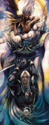 absurdres age_progression black_gloves fighting_stance final_fantasy final_fantasy_vii final_fantasy_vii_ever_crisis gloves grey_hair highres long_hair looking_at_viewer magic:_the_gathering masamune_(ff7) multiple_persona muscular muscular_male nomura_tetsuya official_art pectorals promotional_art safer_sephiroth sephiroth sephiroth_(ever_crisis) sephiroth_reborn third-party_edit third-party_source very_long_hair wings