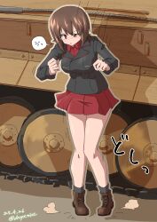 Rule 34 | 1girl, absurdres, ankle boots, black boots, black jacket, black socks, boots, brown eyes, brown hair, commentary, dated, dress shirt, drops mint, frown, girls und panzer, half-closed eye, highres, jacket, jumping, kuromorimine military uniform, landing, long sleeves, looking down, military uniform, military vehicle, miniskirt, motion lines, motor vehicle, nishizumi maho, notice lines, open mouth, pleated skirt, red shirt, red skirt, shirt, short hair, skirt, socks, solo, tank, translated, twitter username, wince, wing collar
