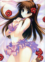 10s 1girl absurdres bare_shoulders bed_sheet bikini bikini_skirt blush bracelet breasts brown_eyes brown_hair cleavage female_focus flower frilled_bikini frills from_side hair_flower hair_ornament hair_scrunchie hibiscus highres interlocked_fingers jewelry large_breasts long_hair looking_at_viewer lying nakamura_takeshi navel non-web_source ogiso_setsuna on_side own_hands_clasped own_hands_together polka_dot polka_dot_bikini polka_dot_swimsuit purple_bikini ribbon sandals scan scrunchie smile solo swimsuit two_side_up white_album_(series) white_album_2