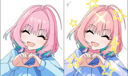 Rule 34 | 1girl, ahoge, aqua hair, blue hoodie, choker, closed eyes, commentary request, fangs, hair intakes, hands up, heart, heart hands, highres, hood, hood down, hoodie, idolmaster, idolmaster cinderella girls, kakki (kackie), long sleeves, medium hair, multicolored hair, multiple views, open mouth, pink choker, pink hair, sketch, smile, sparkle, star (symbol), two-tone hair, upper body, yumemi riamu