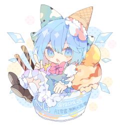 Rule 34 | 1girl, :o, absurdres, aqua eyes, aqua hair, blue bow, blue dress, bow, brown shoes, cirno, commentary, cup, detached wings, dress, fang, food, food on head, grey background, hair between eyes, hair bow, highres, ice, ice cream, ice cream cone, ice cream cup, ice wings, index finger raised, looking at viewer, nikorashi-ka, object on head, open mouth, puffy short sleeves, puffy sleeves, red bow, shirt, shoes, short hair, short sleeves, skin fang, socks, solo, symbol-only commentary, touhou, twitter username, wafer stick, watermark, white shirt, white socks, wings, wrist cuffs