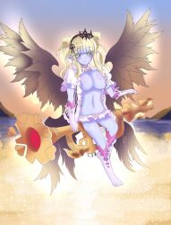 Rule 34 | 1girl, angel, black headdress, black wings, blonde hair, blue skin, blunt bangs, blush, breasts, closed mouth, colored sclera, colored skin, double bun, feathered wings, floating, frilled nightgown, frilled panties, frills, gloves, glowing, glowing wings, green eyes, green sclera, hair bun, hair over shoulder, highres, instrument, lake, large breasts, long hair, monster girl, monster girl encyclopedia, naughty face, nightgown, non-web source, open clothes, panties, pointy ears, salpinx (monster girl encyclopedia), smile, solo, trumpet, twintails, underwear, white gloves, wings