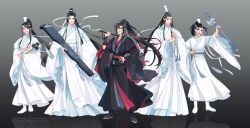 Rule 34 | 5boys, absurdres, ahoge, artist name, black boots, black eyes, black hair, black hanfu, blue sash, boots, bracer, brothers, chinese clothes, closed mouth, commentary, dizi, english commentary, floating hair, flute, flute tassel, full body, gradient background, grey background, grey eyes, guqin, hair ribbon, hand on own hip, hand up, hanfu, headband, high ponytail, highres, holding, holding flute, holding instrument, holding scroll, holding sword, holding weapon, instrument, jian (weapon), lan jingyi, lan sizhui, lan wangji, lan xichen, long hair, long sleeves, looking at viewer, male focus, minataka94, modao zushi, multiple boys, open mouth, over shoulder, ponytail, red eyes, red ribbon, red sash, reflective floor, ribbon, robe, sash, scroll, sheath, sheathed, siblings, sidelocks, simple background, smile, standing, sword, sword tassel, tassel, topknot, transverse flute, very long hair, watermark, weapon, wei wuxian, white boots, white hanfu, white headband, white ribbon, wide sleeves, xiao (instrument), xiao guan (headdress), yaopei, yellow eyes