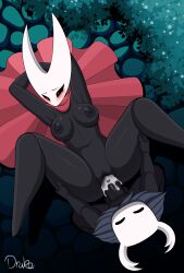 absurdres blush breasts cum drako1997 heart heart-shaped_pupils highres hollow_knight hornet_(hollow_knight) knight_(hollow_knight) lying nipples on_back penis pussy sex spread_legs stomach sweat symbol-shaped_pupils tagme testicles vaginal