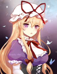 blonde_hair blush bug butterfly corset dress elbow_gloves frills gloves gradient_background hair_between_eyes hair_ribbon hat highres insect koto_(shiberia39) looking_at_viewer mob_cap open_mouth purple_dress purple_eyes ribbon short_sleeves touhou upper_body white_gloves yakumo_yukari