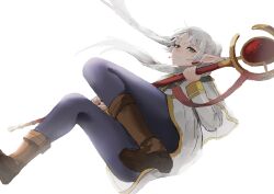 Rule 34 | 1girl, absurdres, blue pantyhose, boots, brown boots, capelet, closed mouth, dress, earrings, elf, floating earrings, floating hair, frieren, full body, green eyes, hazuki kono, highres, holding, holding staff, jewelry, long hair, long sleeves, looking at viewer, mage staff, pantyhose, pointy ears, simple background, solo, sousou no frieren, staff, teardrop earrings, thighs, twintails, white background, white capelet, white dress, white hair