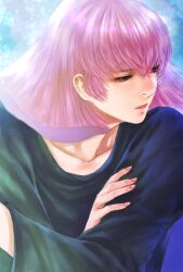 1girl black_dress blue_sky commentary_request crossed_arms dress expressionless gundam gundam_zz haman_karn highres long_sleeves looking_to_the_side parted_lips pink_hair sky solo takeda_yuuko zeta_gundam