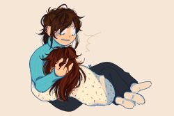 Rule 34 | arm around back, blue sweater, brown hair, clenched teeth, commissioner insert, confetti print, constricted pupils, earrings, full body, hand on another&#039;s head, highres, hoop earrings, jewelry, looking at another, nobi33ka, on ground, our life, our life: now and forever, sidelocks, sitting, sweater, teeth, white sweater, worried