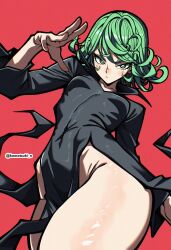 1girl absurdres black_dress bottomless dress green_eyes green_hair highres komatsuki_n one-punch_man red_background simple_background solo tatsumaki