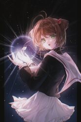 1girl antenna_hair black_border black_shirt border brown_hair cardcaptor_sakura cowboy_shot fuuin_no_tsue green_eyes hair_bobbles hair_intakes hair_ornament highres holding_orb kinomoto_sakura long_sleeves looking_at_viewer night night_sky open_mouth orb reicbury sailor_collar school_uniform shirt short_hair short_twintails skirt sky smile solo star_(sky) starry_sky tomoeda_elementary_school_uniform twintails white_sailor_collar white_skirt