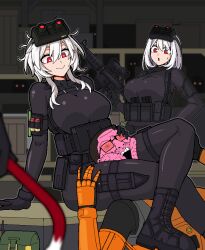 1boy 2girls :&gt; armor assault_rifle black_bodysuit black_boots black_op_(half-life) bodysuit boots breasts commentary crowbar earrings formicid gordon_freeman gun half-life half-life_(series) half-life_1 head_between_thighs hev_suit holding holding_gun holding_weapon jewelry large_breasts lightstick long_hair looking_at_another m4_carbine multiple_girls night_vision_device open_mouth pouch red_eyes rifle sheath shotgun_shell sitting smile sweatdrop thigh_sheath weapon white_hair wojak