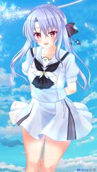 Rule 34 | 1girl, :d, absurdres, animal print, arms behind back, artist name, ascot, black ascot, black bow, blue butterfly, blue hair, blue sky, blush, bow, braid, bug, butterfly, butterfly print, cloud, commentary, crown braid, day, eyes visible through hair, feet out of frame, floating hair, glowing butterfly, hair between eyes, hair bow, hair bun, hair ribbon, highres, insect, kokoa (user zrrr5457), light particles, long hair, miniskirt, mixed-language commentary, open mouth, outdoors, puffy short sleeves, puffy sleeves, red eyes, red ribbon, ribbon, ringed eyes, sailor collar, school uniform, serafuku, shirt, short sleeves, sidelocks, single hair bun, skirt, sky, smile, solo, sorakado ao, standing, summer pockets, white ribbon, white sailor collar, white serafuku, white shirt, white skirt