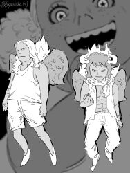 1girl 2boys abs alternate_universe clenched_hands closed_mouth fire freckles greyscale higashida_623 highres horns monochrome multiple_boys one_piece open_mouth pants seraphim_(one_piece) shorts star-shaped_pupils star_(symbol) symbol-shaped_pupils twitter_username wings