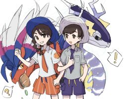 Rule 34 | !, 1boy, 1girl, ?, blue hat, braid, brown eyes, brown hair, chinese commentary, clenched hands, collared shirt, commentary request, cucumber, cucumber slice, florian (pokemon), food, grin, hand up, hat, highres, juliana (pokemon), koraidon, locked arms, miraidon, necktie, nintendo, orange necktie, orange shorts, pokemon, pokemon (creature), pokemon sv, purple necktie, purple shorts, sandwich, school uniform, shirt, short hair, shorts, smile, spoken exclamation mark, spoken question mark, teeth, thumbs up, white shirt, xlii idk