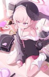 Rule 34 | 1girl, 5s0n9, absurdres, beret, black hat, black shirt, black shoes, black wings, blue archive, blush, book, closed mouth, collarbone, halo, hat, head wings, highres, indoors, koharu (blue archive), long hair, long sleeves, loose socks, pink eyes, pink hair, pleated skirt, puffy long sleeves, puffy sleeves, red halo, red skirt, sailor collar, sailor shirt, shirt, shoes, sitting, skirt, socks, solo, wariza, white sailor collar, white socks, wings