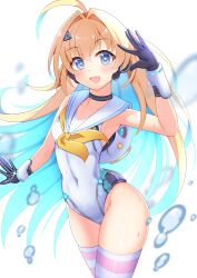 1girl absurdres ahoge android black_collar blonde_hair blue_eyes blue_hair collar colored_inner_hair cowboy_shot highres long_hair maruq_2826 multicolored_hair neckerchief one-piece_swimsuit ralmia_(shadowverse) sailor_collar shadowverse simple_background solo star-shaped_pupils star_(symbol) striped_clothes striped_thighhighs swimsuit symbol-shaped_pupils thighhighs thighs two-tone_hair white_background white_one-piece_swimsuit white_sailor_collar yellow_neckerchief