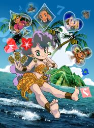 6+girls akai_takami animal_print barefoot blonde_hair blue_eyes breasts card club_(shape) commentary_request dark-skinned_female dark_skin diamond_(shape) flower green_eyes grey_hair hair_flower hair_ornament hat heart highres island leopard_print long_hair multiple_girls ocean open_mouth palm_tree playing_card pointy_ears small_breasts smile solo_focus spade_(shape) tree trump_island